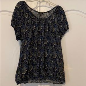 Navy floral blouse.